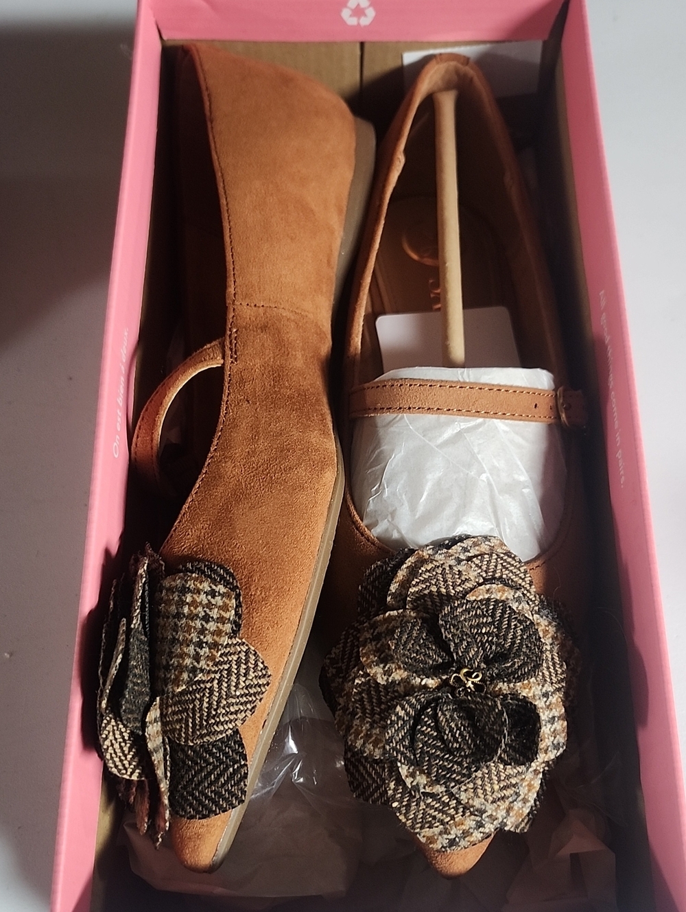 Women's Tan Suede Pointed-Toe Flats with Tweed Floral Accent